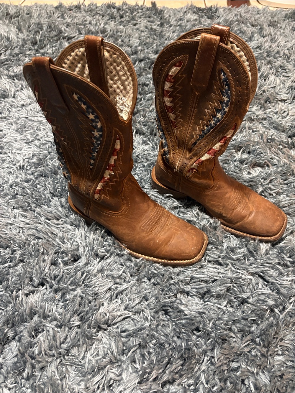Ariat Brown Leather Cowboy Boots with Red, White & Blue Stitching
